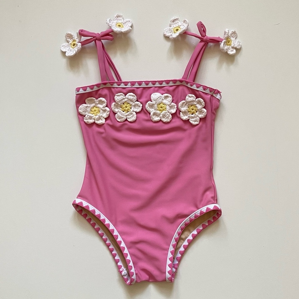 Shade Critters Girls Crochet Pink Daisy One Piece Swimsuit - Size 12-18M